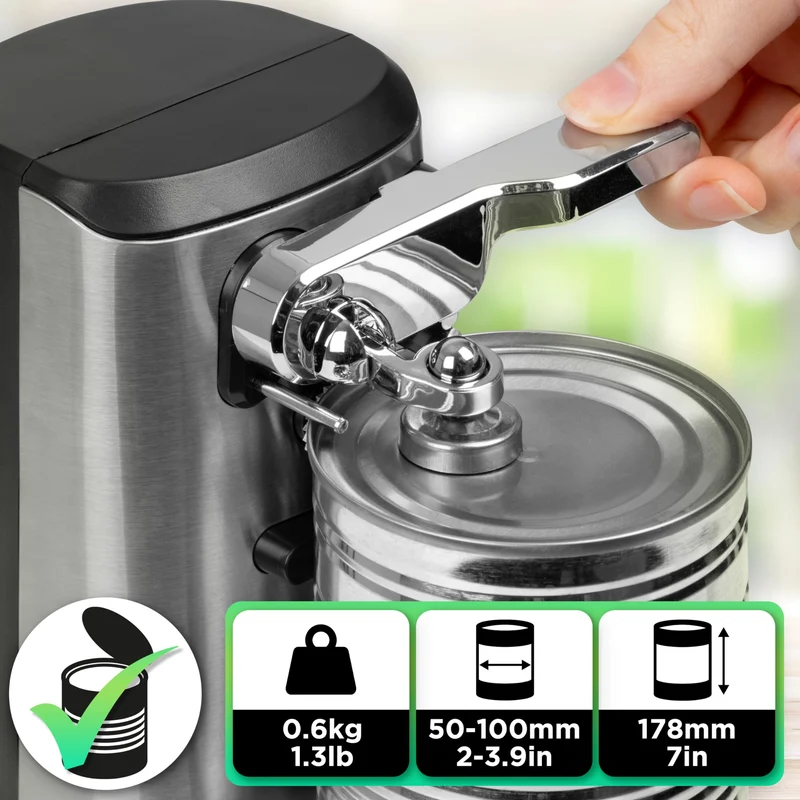 Duronic Electric Tin Can Opener CO60, Automatic, Hands Free, Magnetic Lid Holder, Stainless Steel, Tin Opener, Knife Sharpener and Beer Bottle Opener for Kitchen, Individuals with Arthritis, Elderly