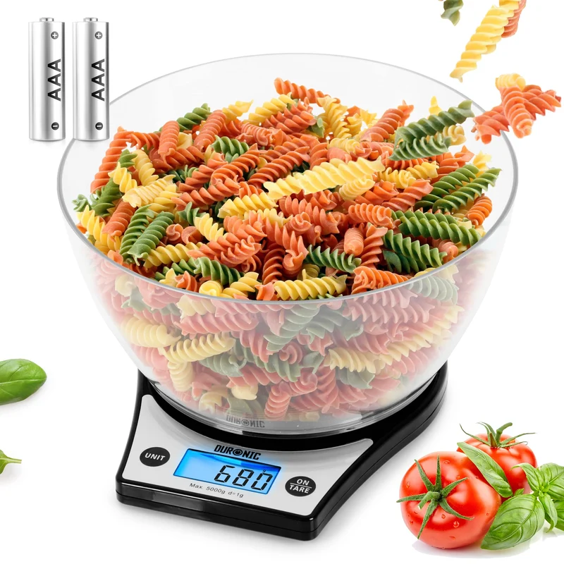 Duronic Digital Kitchen Scale KS6000 BK/CR Kitchen Scales with Bowl, Weighing Scale, Baking Scale for Cooking Baking Pet Food Postal, Food Scale Weight Scale, Electronic Scale with Backlit LCD Display