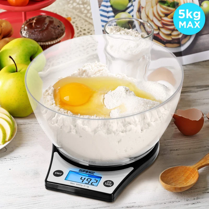 Duronic Digital Kitchen Scale KS6000 BK/CR Kitchen Scales with Bowl, Weighing Scale, Baking Scale for Cooking Baking Pet Food Postal, Food Scale Weight Scale, Electronic Scale with Backlit LCD Display