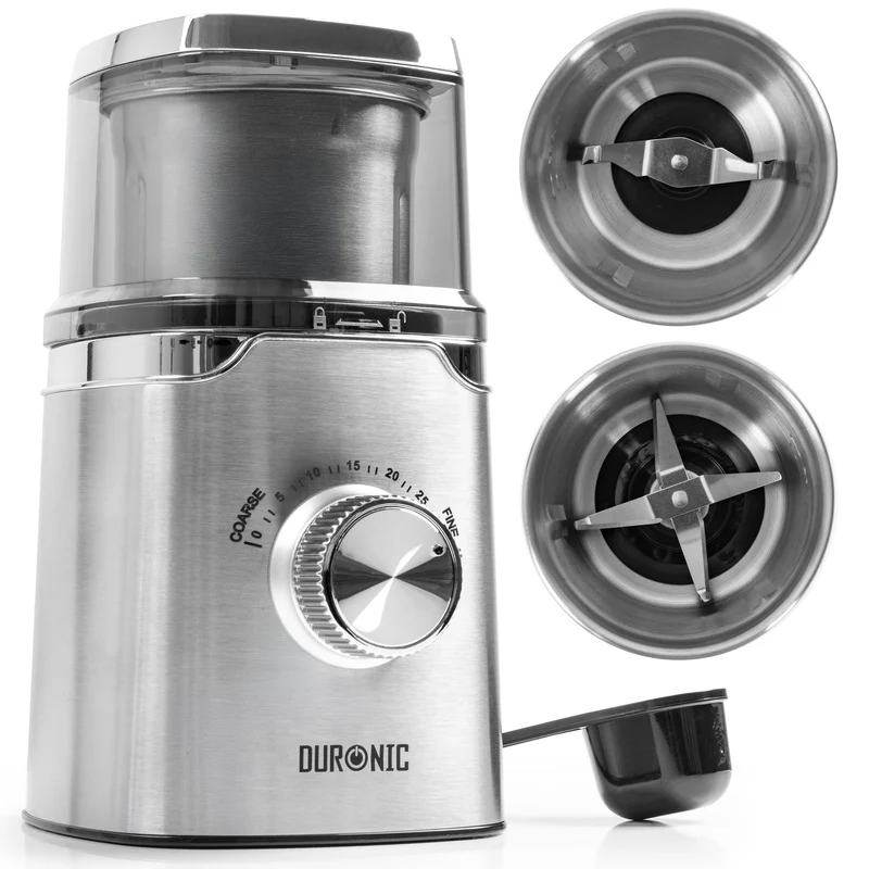 (INCLUDES 2 CUPS) Duronic CG655 Electric Coffee Grinder with Wet & Dry Cups, 220ml, Silver, Metal Spice Mill, Adjustable Coarseness, Push Pulse, Silicone Seal, for Coffee Beans, Spices, Nuts, flaxseeds, 150W