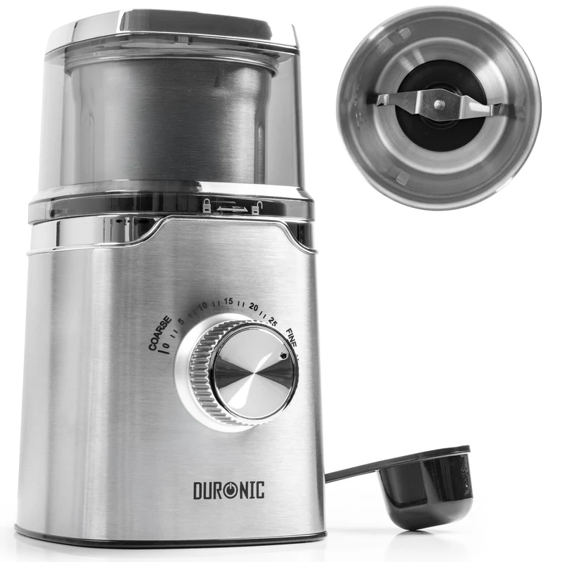 Duronic CG650 Electric Coffee Grinder, 220ml Spice Grinding Cup, Silver, Compact Coffee Grinder & Spice Mill, Adjustable Coarseness Knob, Push-to-Grind Pulse, Silicone Seal Lid, 150W