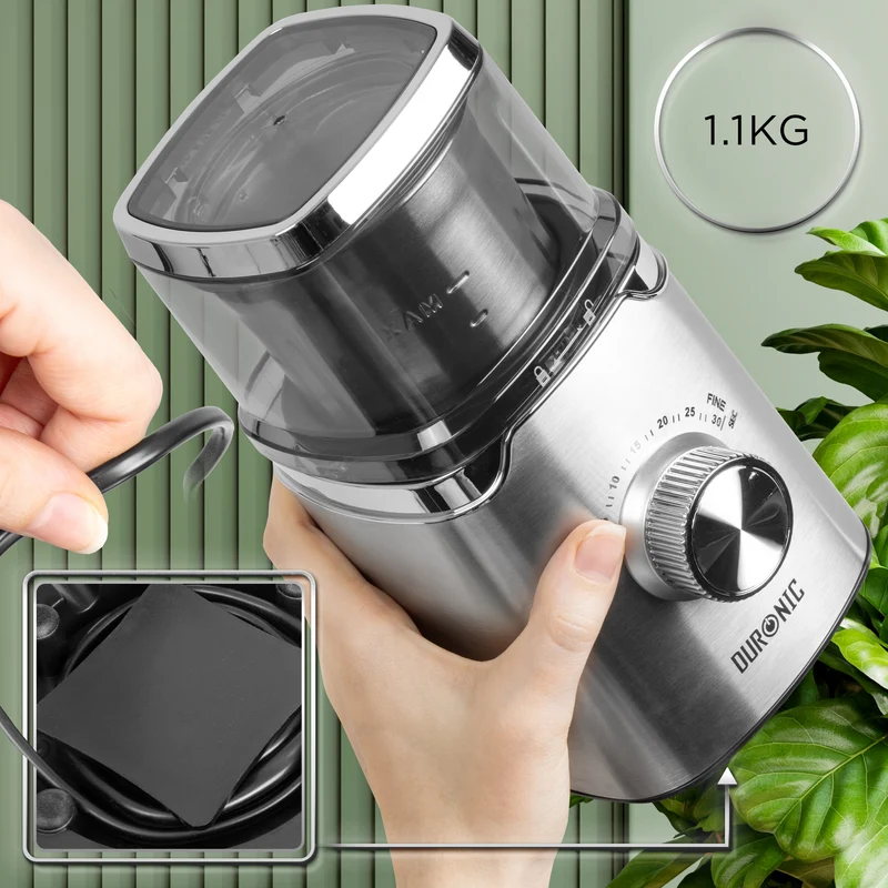 Duronic CG650 Electric Coffee Grinder, 220ml Spice Grinding Cup, Silver, Compact Coffee Grinder & Spice Mill, Adjustable Coarseness Knob, Push-to-Grind Pulse, Silicone Seal Lid, 150W