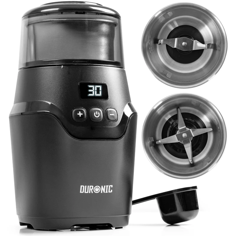 (INCLUDES 2 CUPS) Duronic CG555 Electric Coffee Grinder, 220ml Wet & Dry Cups, Black, Spice Mill & Blade Grinder, Dual/Quad-Blade Cups, Adjustable Timer, Push-Button Controls, Leak-Proof Lid, 150W
