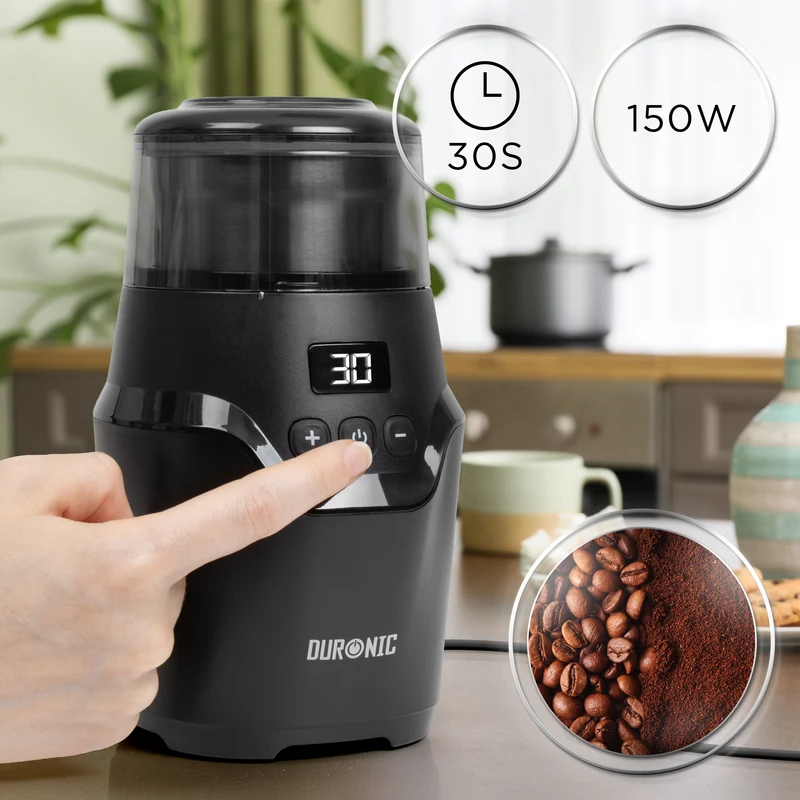 (INCLUDES 2 CUPS) Duronic CG555 Electric Coffee Grinder, 220ml Wet & Dry Cups, Black, Spice Mill & Blade Grinder, Dual/Quad-Blade Cups, Adjustable Timer, Push-Button Controls, Leak-Proof Lid, 150W