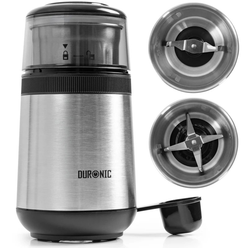 (INCLUDES 2 CUPS) Duronic CG355 Electric Coffee Grinder, 220ml Spice Mill, Stainless Steel, Fast One-Touch Grinding with Separate Dry and Wet cups for Coffee, Spices, Nuts, Seeds, Pastes and Sauces, 150W