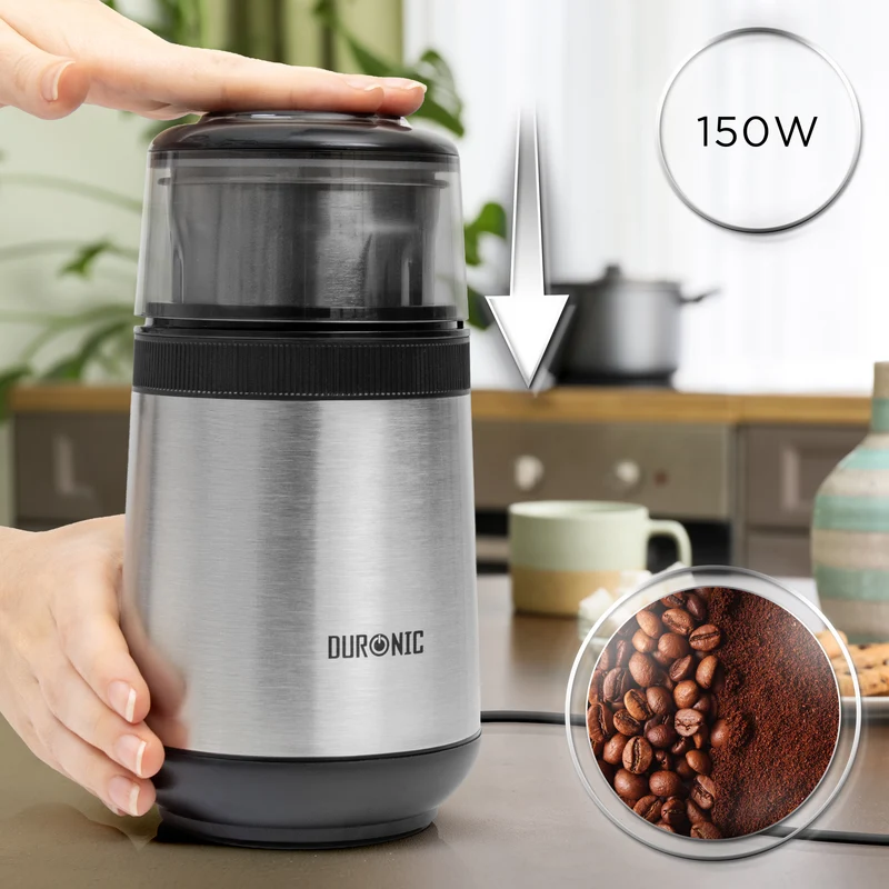 Duronic CG350 Electric Coffee Grinder, 220ml Stainless Steel Spice Grinder, Fast One-Touch Operation, Ideal for Coffee Beans, Dry Spices, Seeds, Nuts & Dry Seasonings with a Silicone-Lined Lid, 150W