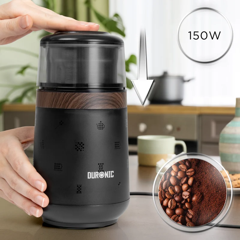 (INCLUDES 2 CUPS) Duronic CG155 Electric Coffee Grinder, 220ml Wet & Dry Spice Mill, Brown, Fast One-Touch Grinding with Dry and Wet cups for Coffee, Spices, Nuts, Seeds, Pastes and Sauces, 150W