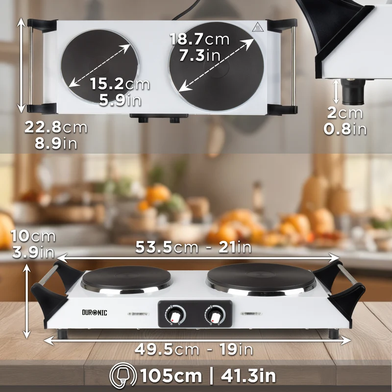 Duronic Electric Hot Plate HP2 WE, 2500W Double Burner Hob, Portable Table Top Cooker with Cast Iron Ring & Cool-Touch Handles for Camping, Caravans, Home, Small Kitchens, White