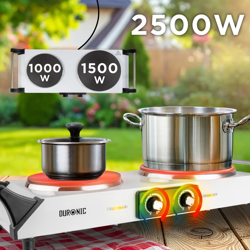 Duronic Electric Hot Plate HP2 WE, 2500W Double Burner Hob, Portable Table Top Cooker with Cast Iron Ring & Cool-Touch Handles for Camping, Caravans, Home, Small Kitchens, White