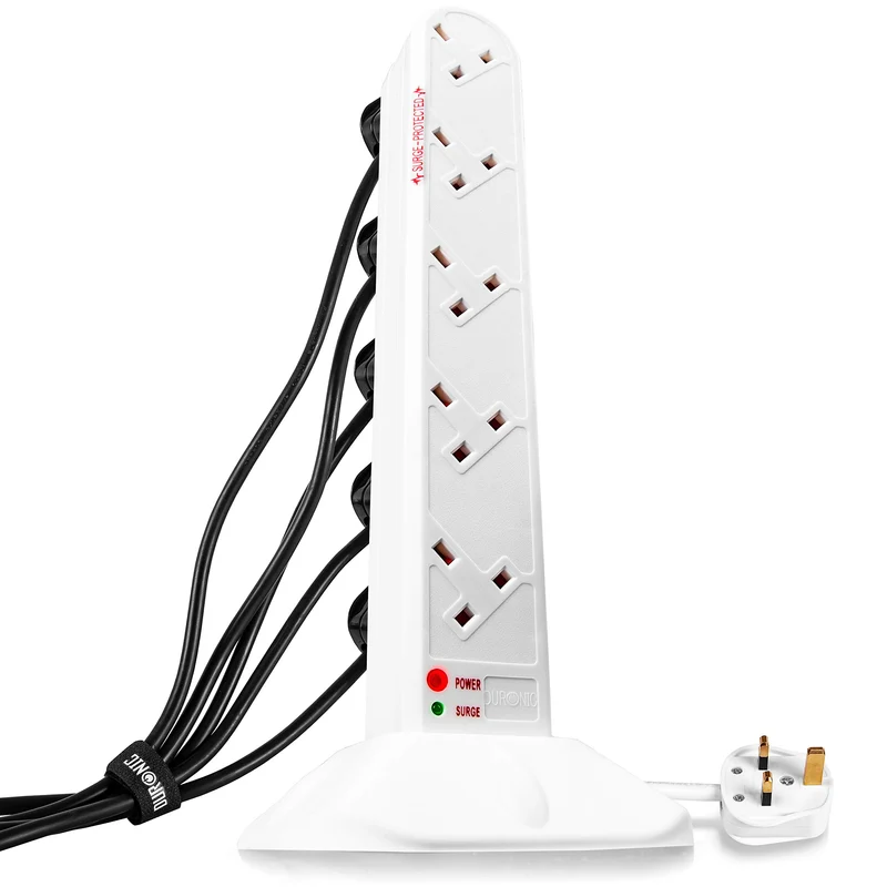 Duronic Tower Extension Lead ST10W 10 Gang Surge Protected Extension leads with USB & USB-C Slot White 10 Way Electric Power Strip with Spike Protection Multi UK Plug Outlet Socket with 2m Cable