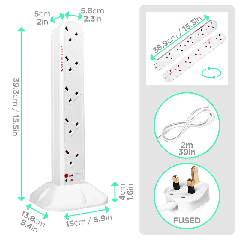 Duronic Tower Extension Lead ST10W 10 Gang Surge Protected Extension leads with USB & USB-C Slot White 10 Way Electric Power Strip with Spike Protection Multi UK Plug Outlet Socket with 2m Cable