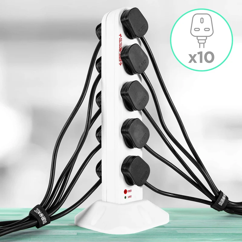 Duronic Tower Extension Lead ST10W 10 Gang Surge Protected Extension leads with USB & USB-C Slot White 10 Way Electric Power Strip with Spike Protection Multi UK Plug Outlet Socket with 2m Cable