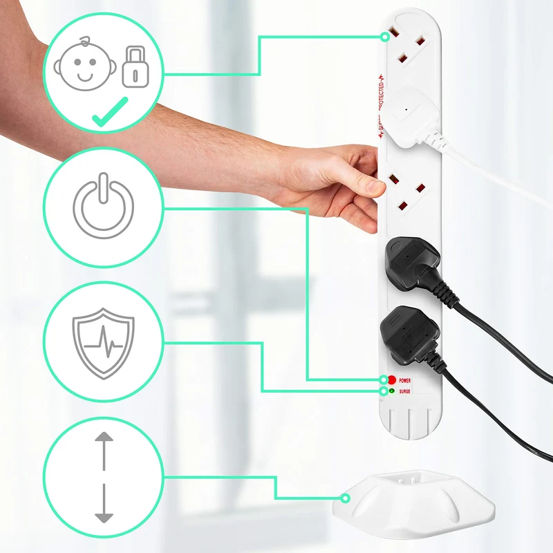 Duronic Tower Extension Lead ST10W 10 Gang Surge Protected Extension leads with USB & USB-C Slot White 10 Way Electric Power Strip with Spike Protection Multi UK Plug Outlet Socket with 2m Cable