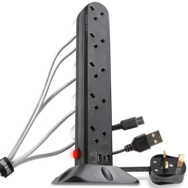 Duronic Tower Extension Lead ST10B 10 Gang Surge Protected Extension leads with USB & USB-C Slot Black 10 Way Electric Power Strip with Spike Protection Multi UK Plug Outlet Socket with 2m Cable