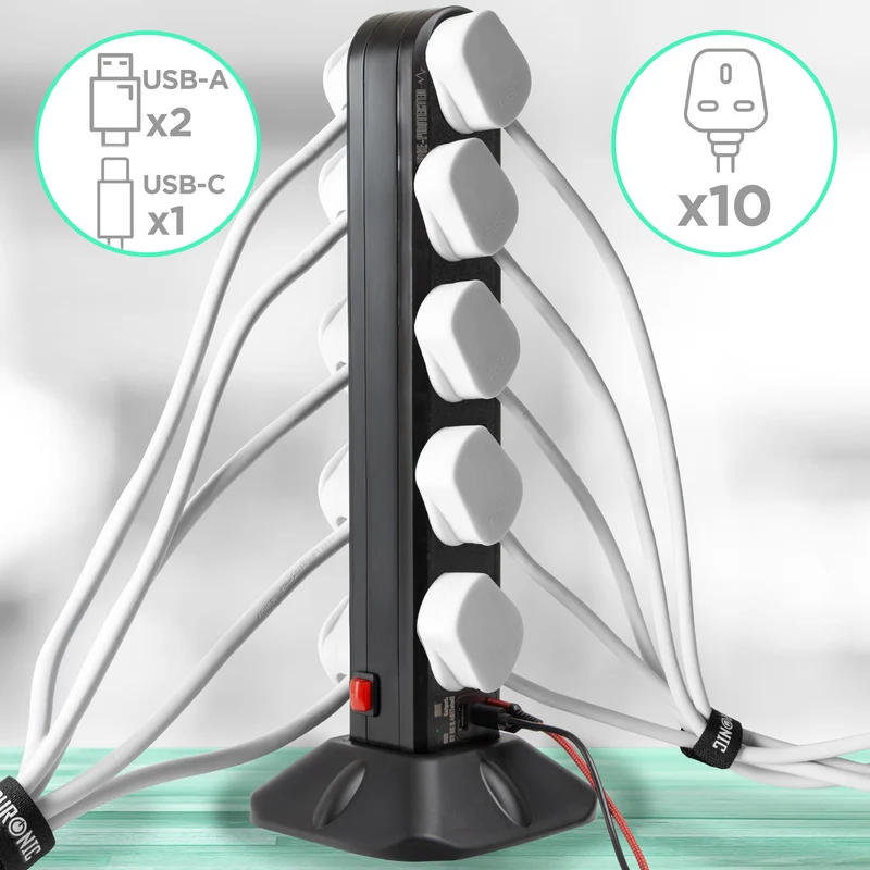 Duronic Tower Extension Lead ST10B 10 Gang Surge Protected Extension leads with USB & USB-C Slot Black 10 Way Electric Power Strip with Spike Protection Multi UK Plug Outlet Socket with 2m Cable