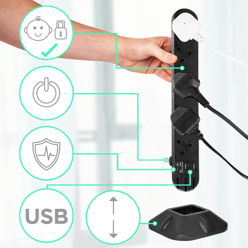 Duronic Tower Extension Lead ST10B 10 Gang Surge Protected Extension leads with USB & USB-C Slot Black 10 Way Electric Power Strip with Spike Protection Multi UK Plug Outlet Socket with 2m Cable