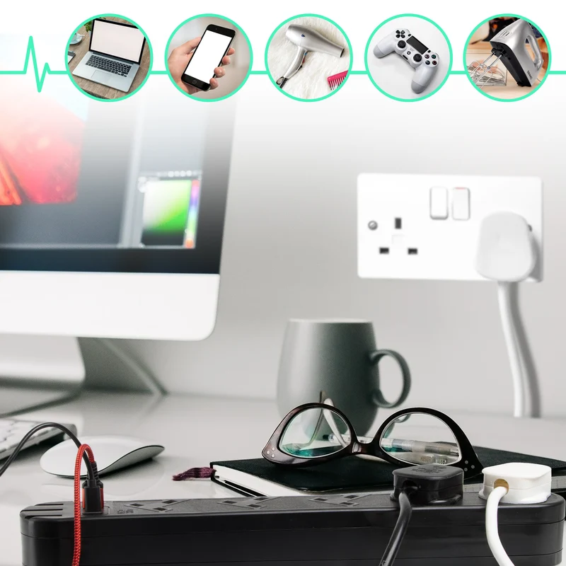 Duronic Tower Extension Lead ST10B 10 Gang Surge Protected Extension leads with USB & USB-C Slot Black 10 Way Electric Power Strip with Spike Protection Multi UK Plug Outlet Socket with 2m Cable