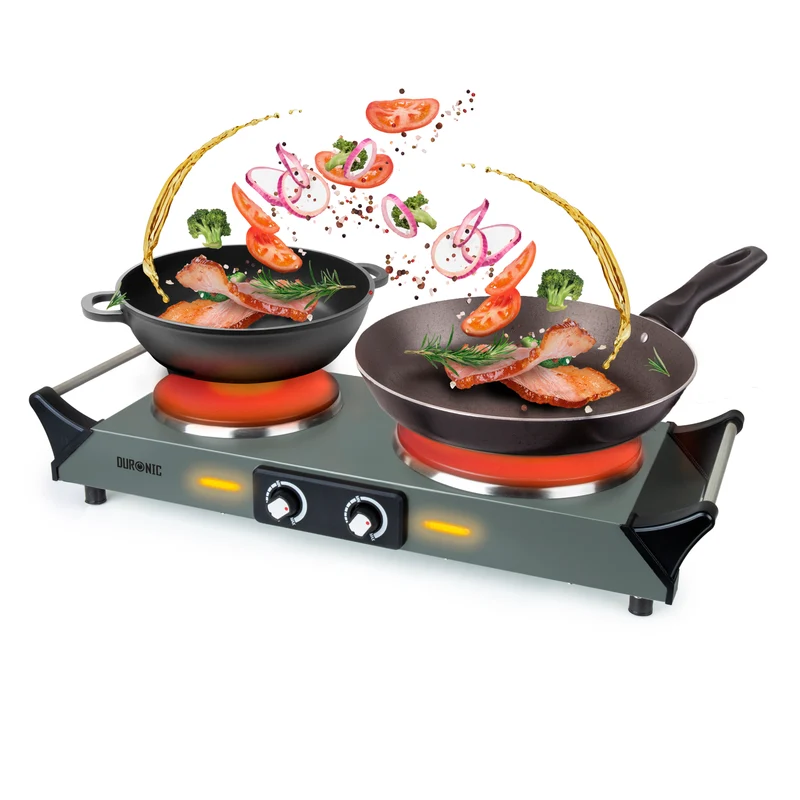 Duronic Electric Hot Plate HP2 GG, 2500W Double Burner Hob, Portable Table Top Cooker with Cast Iron Ring & Cool-Touch Handles for Camping, Caravans, Home, Small Kitchens, Grey Green