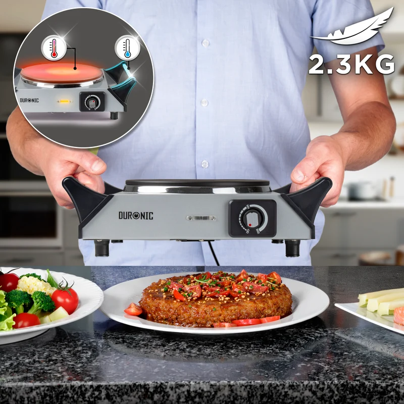 Duronic Electric Hot Plate HP1 SR, 1500W Single Burner Hob, Portable Table Top Cooker with Cast Iron Ring & Cool-Touch Handles for Camping, Caravans, Home, Small Kitchens, Silver