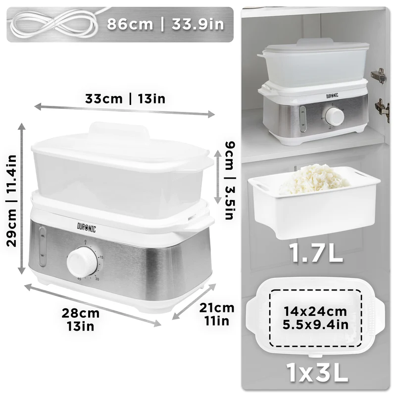 Duronic FS91 WE White Electric Food Steamer, 3L Steam Cooker with Rice Bowl & 60-Min Timer, 950W BPA-Free Countertop Vegetable Steamer for Fish, Meat, Rice, Eggs, Dumplings, Momos & Baby Food