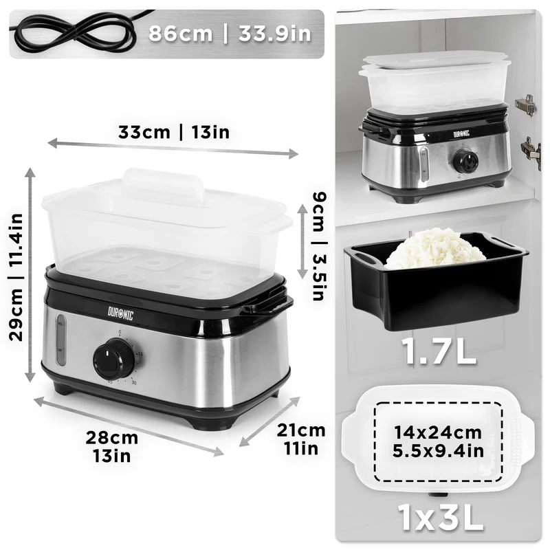 Duronic FS91 BK Black Electric Food Steamer, 3L Steam Cooker with Rice Bowl & 60-Min Timer, 950W BPA-Free Countertop Vegetable Steamer for Fish, Meat, Rice, Eggs, Dumplings, Momos & Baby Food