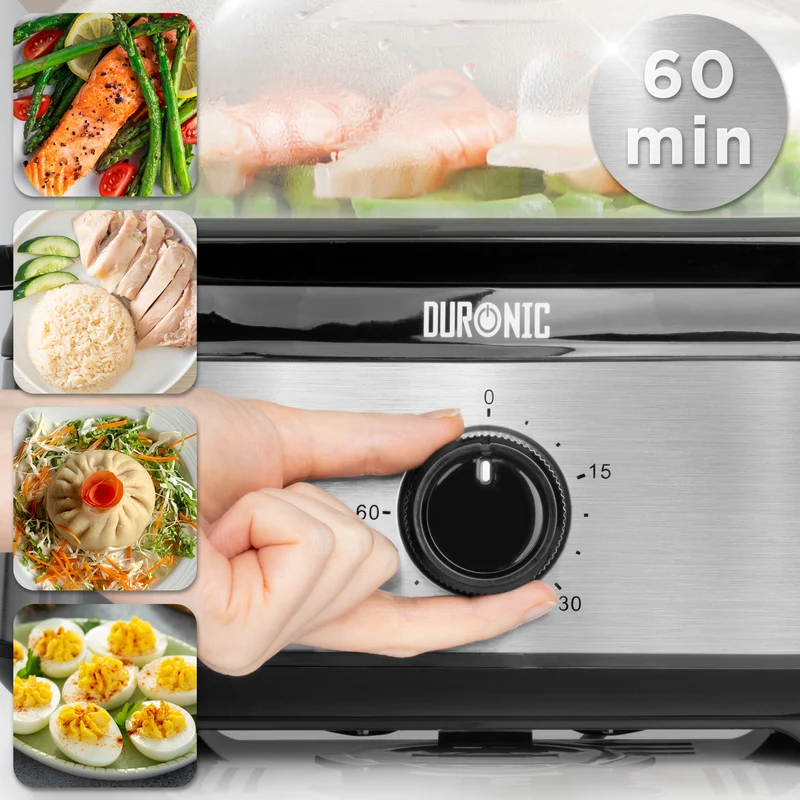 Duronic FS91 BK Black Electric Food Steamer, 3L Steam Cooker with Rice Bowl & 60-Min Timer, 950W BPA-Free Countertop Vegetable Steamer for Fish, Meat, Rice, Eggs, Dumplings, Momos & Baby Food