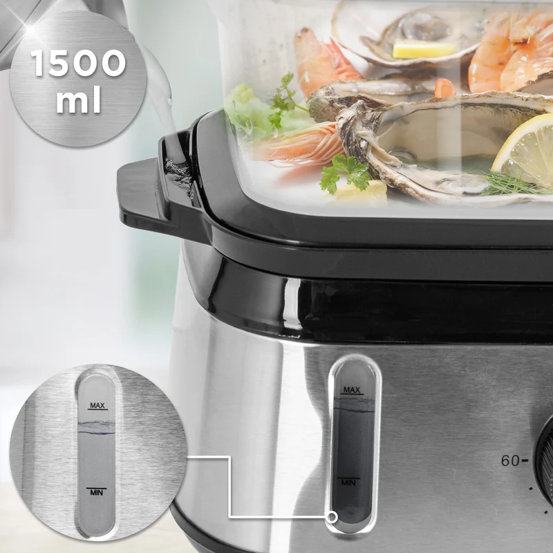 Duronic FS91 BK Black Electric Food Steamer, 3L Steam Cooker with Rice Bowl & 60-Min Timer, 950W BPA-Free Countertop Vegetable Steamer for Fish, Meat, Rice, Eggs, Dumplings, Momos & Baby Food