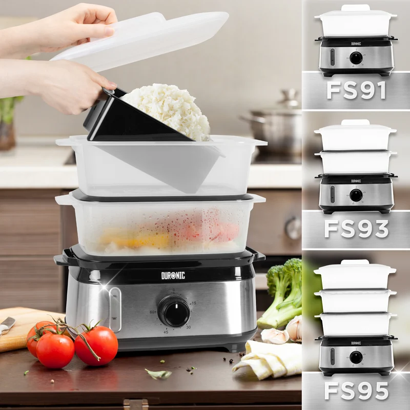 Duronic FS93 BK Black Electric Food Steamer, 2-Tier 6L Steam Cooker with Rice Bowl & 60-Min Timer, 950W BPA-Free Countertop Vegetable Steamer for Fish, Meat, Rice, Eggs, Dumplings, Momos & Baby Food
