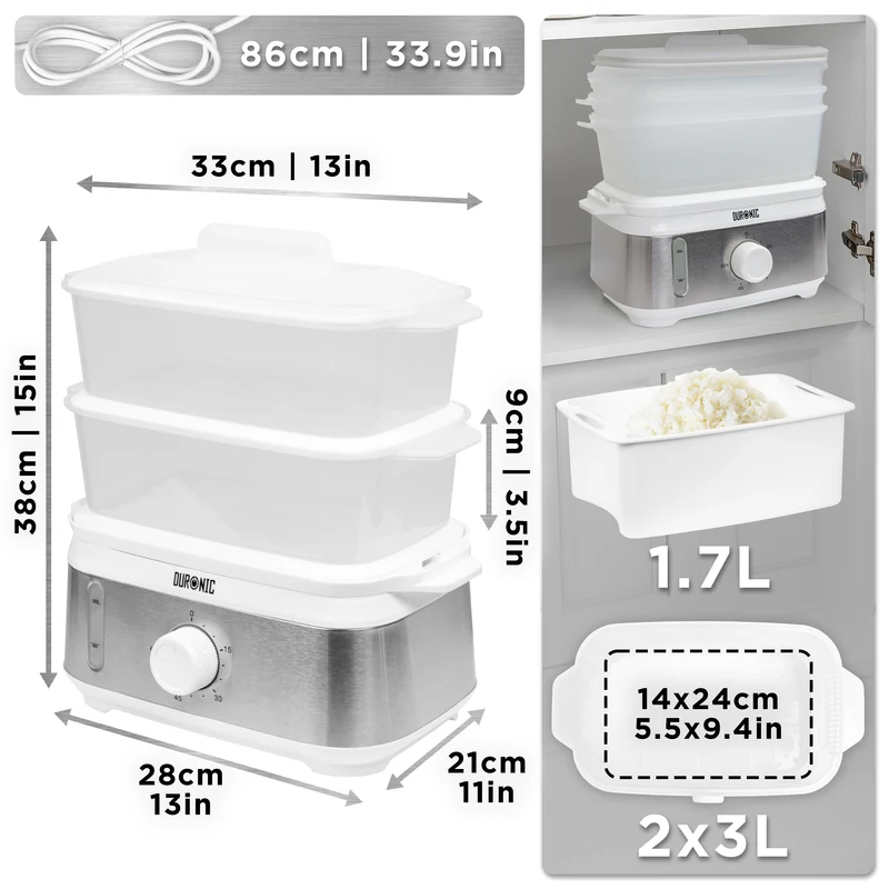 Duronic FS93 WE White Electric Food Steamer, 2-Tier 6L Steam Cooker with Rice Bowl & 60-Min Timer, 950W BPA-Free Countertop Vegetable Steamer for Fish, Meat, Rice, Eggs, Dumplings, Momos & Baby Food