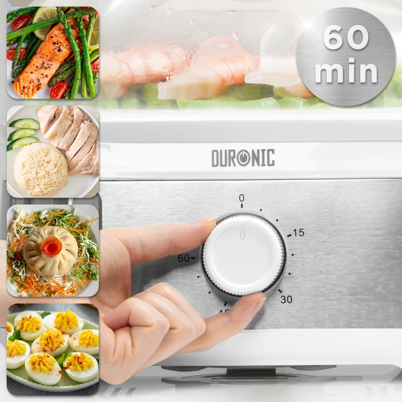 Duronic FS93 WE White Electric Food Steamer, 2-Tier 6L Steam Cooker with Rice Bowl & 60-Min Timer, 950W BPA-Free Countertop Vegetable Steamer for Fish, Meat, Rice, Eggs, Dumplings, Momos & Baby Food