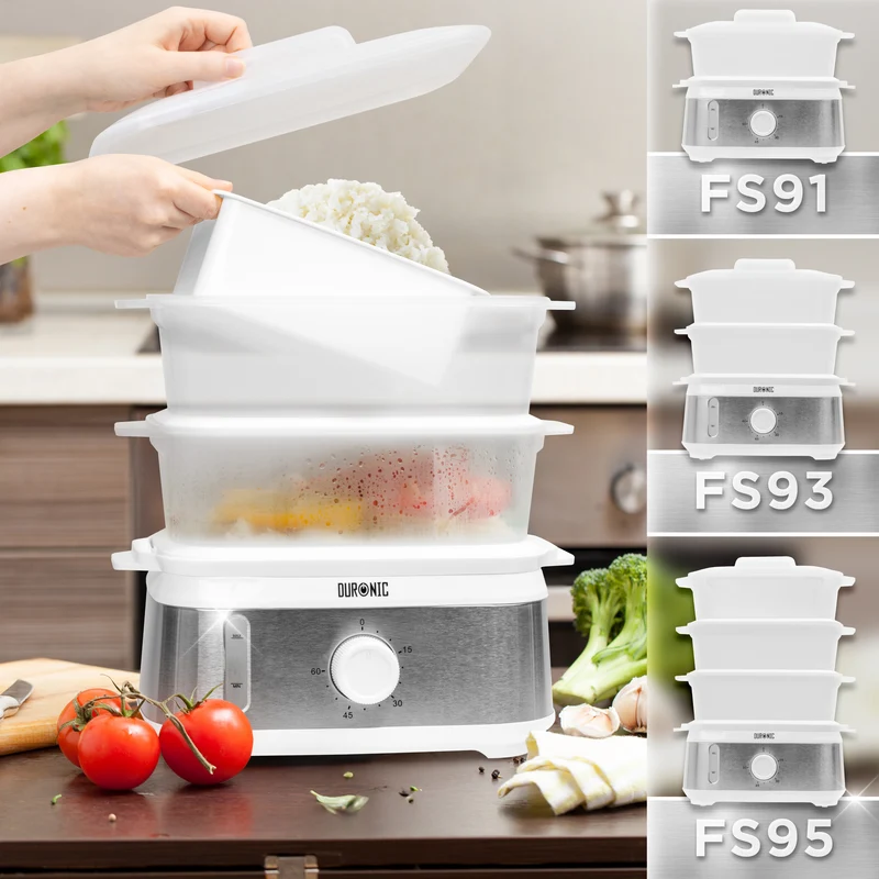 Duronic FS93 WE White Electric Food Steamer, 2-Tier 6L Steam Cooker with Rice Bowl & 60-Min Timer, 950W BPA-Free Countertop Vegetable Steamer for Fish, Meat, Rice, Eggs, Dumplings, Momos & Baby Food