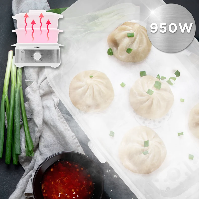 Duronic FS93 WE White Electric Food Steamer, 2-Tier 6L Steam Cooker with Rice Bowl & 60-Min Timer, 950W BPA-Free Countertop Vegetable Steamer for Fish, Meat, Rice, Eggs, Dumplings, Momos & Baby Food