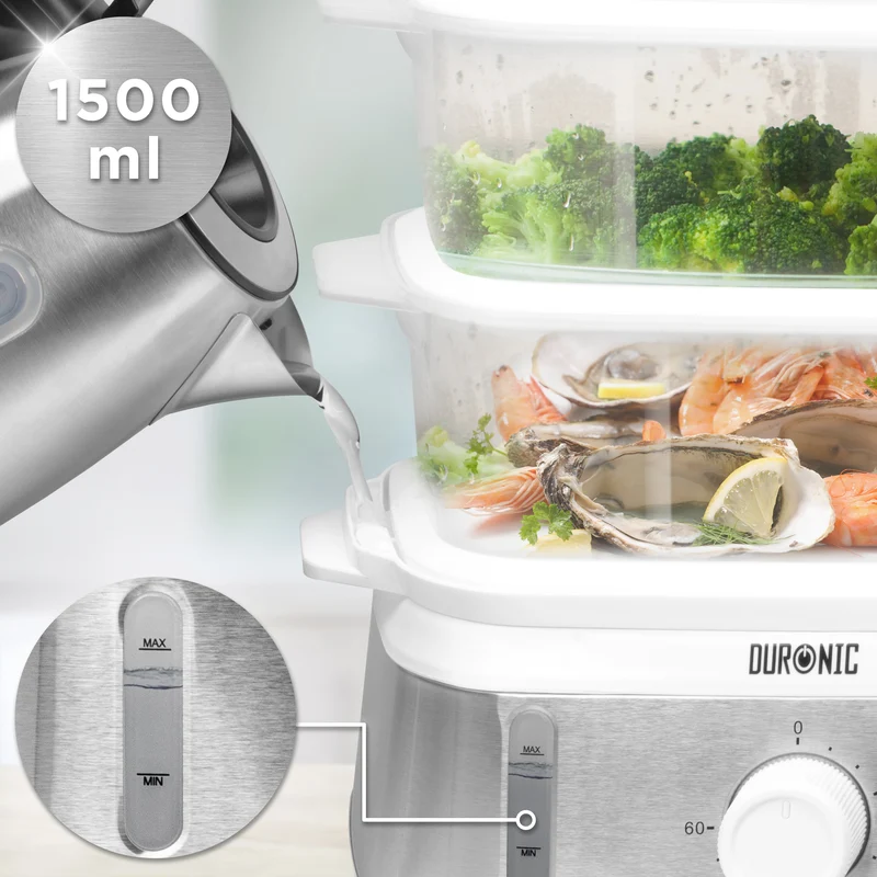 Duronic FS93 WE White Electric Food Steamer, 2-Tier 6L Steam Cooker with Rice Bowl & 60-Min Timer, 950W BPA-Free Countertop Vegetable Steamer for Fish, Meat, Rice, Eggs, Dumplings, Momos & Baby Food