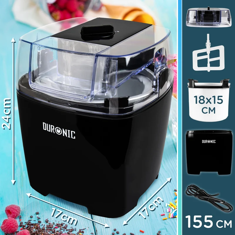 Duronic Ice Cream Maker IM540 BK Homemade Gelato, Sorbet, Frozen Yoghurt Maker Machine, Soft Serve Dessert Makers, Fresh Ice Creams in 30 Min, Compact Portable Design for Family Home Recipes Black