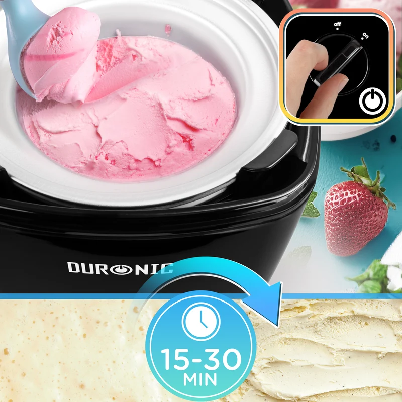 Duronic Ice Cream Maker IM540 BK Homemade Gelato, Sorbet, Frozen Yoghurt Maker Machine, Soft Serve Dessert Makers, Fresh Ice Creams in 30 Min, Compact Portable Design for Family Home Recipes Black
