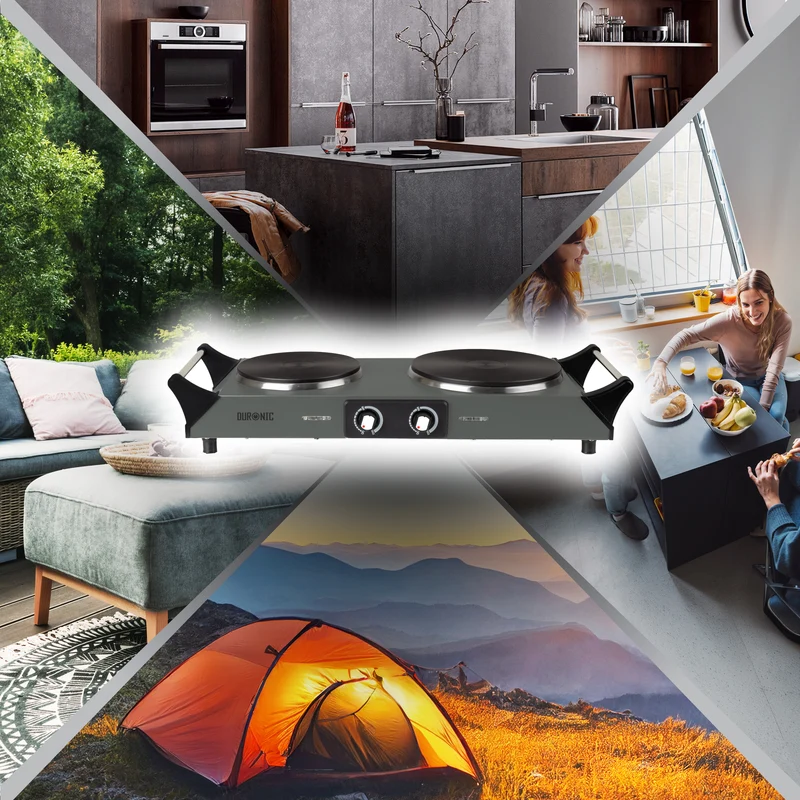 Duronic HP2 GG Doppel Kochplatte, Elektrische Doppelkochplatte mit Griffen 2 Kochfelder stufenlos regelbar, Campingkocher mit Massekochfeld, Tragbare Herdplatte aus Edelstahl für Camping, 2500 W