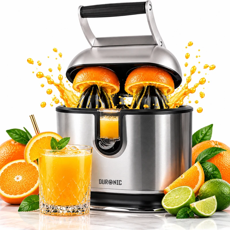 Duronic JE812 Electric Citrus Juicer, 105W Twin Lemon Juice Squeezer, Dual Orange Press Juicer with Large and Small Cones, Large Citrus Press for Extracting Lemon Juice, Limes and Grapefruit