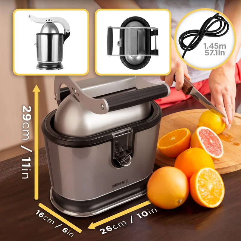 Duronic JE812 Electric Citrus Juicer, 105W Twin Lemon Juice Squeezer, Dual Orange Press Juicer with Large and Small Cones, Large Citrus Press for Extracting Lemon Juice, Limes and Grapefruit