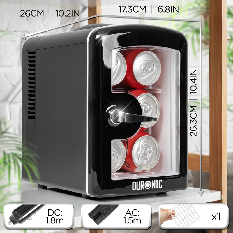 Duronic MFW4 BK Mini Fridge Warmer 4L / 6 Can Quiet Thermoelectric Small Refrigerator, Portable 12V & Mains Cooler for Bedroom, Office & Car, Skincare Fridge for Face Masks, Cosmetics & Drinks, Black