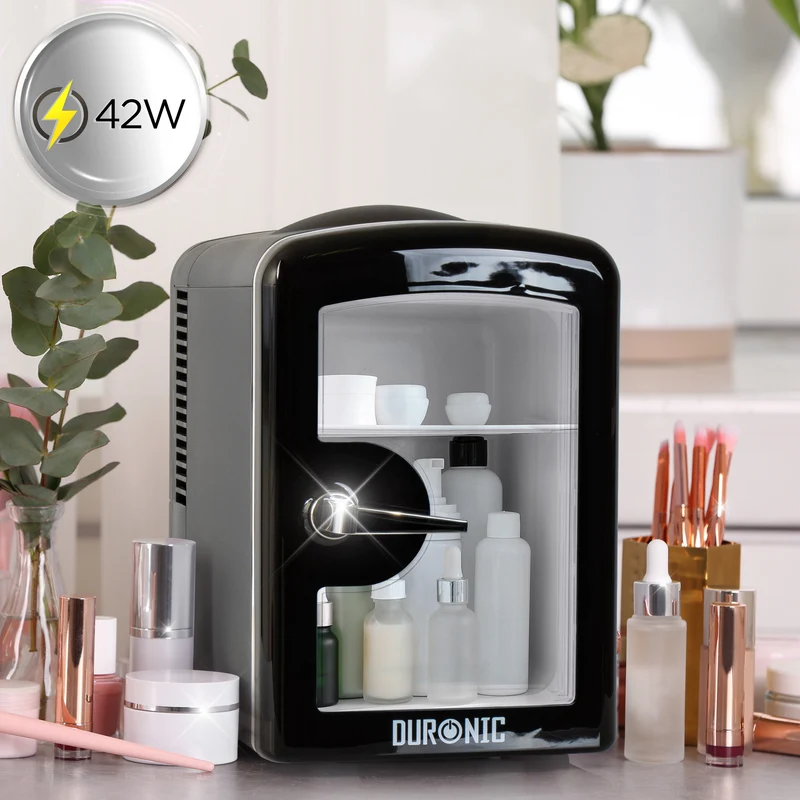 Duronic MFW4 BK Mini Fridge Warmer 4L / 6 Can Quiet Thermoelectric Small Refrigerator, Portable 12V & Mains Cooler for Bedroom, Office & Car, Skincare Fridge for Face Masks, Cosmetics & Drinks, Black