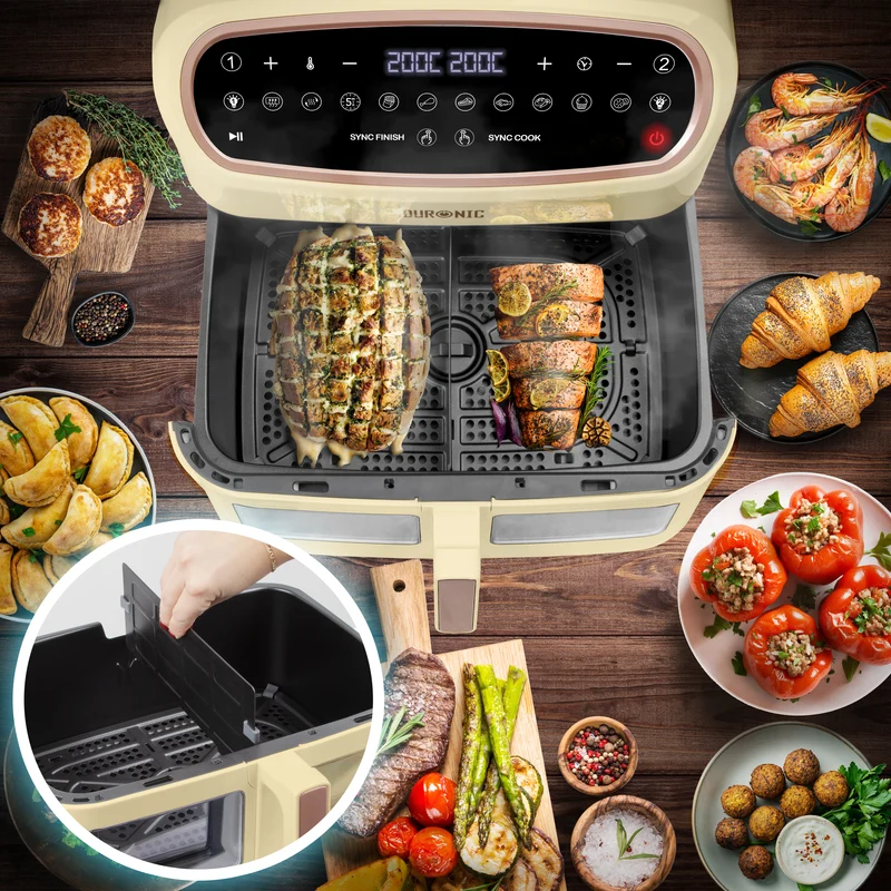 (LIMITED EDITION) Duronic AF34 SG XXL Triple Drawer Air Fryer, 10L Digital Family Size Air Fryers 10in1 Dual Zone Extra Large Oil Free Cooker for Family Cooking with Dishwasher Safe Non-Stick Baskets Sandstone & Gold
