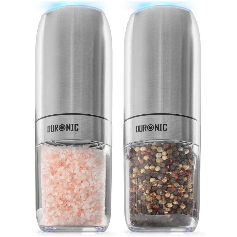 Duronic EMB2 Electric Salt and Pepper Grinder Set 25W Two Automatic Gravity Salt Shakers Battery Powered Pepper Mills One Handed Spice Grinder with LED Light, Adjustable Coarseness