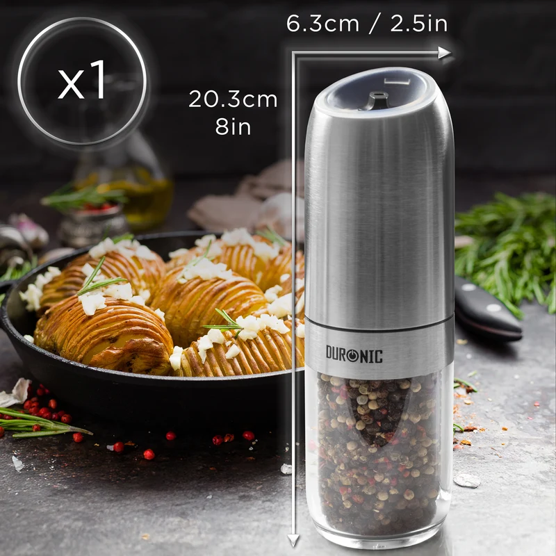 Duronic EMB1 Electric Salt and Pepper Grinder 25W Automatic Gravity Salt Shaker Battery Powered Pepper Mills, One Handed Spice Grinder Combined Mill with LED Light, Adjustable Coarseness