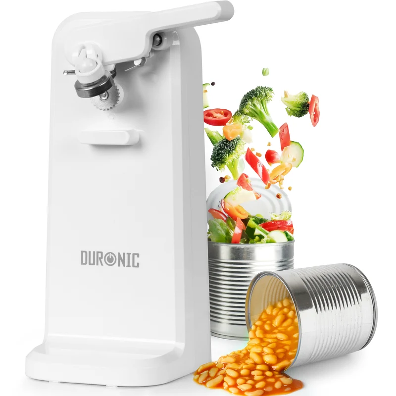 Duronic Electric Can Opener CO40 WE Automatic Tin Openers with Knife Sharpener & Bottle Opener 50W Magnetic Electrical Can Openers One Touch Tin Opener for Arthritis Elderly Seniors - White