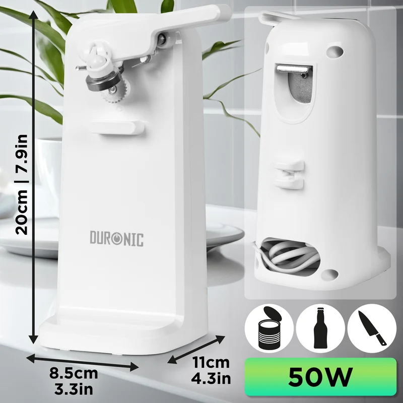 Duronic Electric Can Opener CO40 WE Automatic Tin Openers with Knife Sharpener & Bottle Opener 50W Magnetic Electrical Can Openers One Touch Tin Opener for Arthritis Elderly Seniors - White