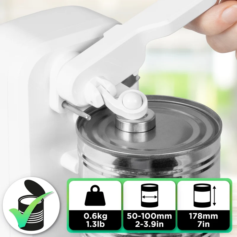 Duronic Electric Can Opener CO40 WE Automatic Tin Openers with Knife Sharpener & Bottle Opener 50W Magnetic Electrical Can Openers One Touch Tin Opener for Arthritis Elderly Seniors - White