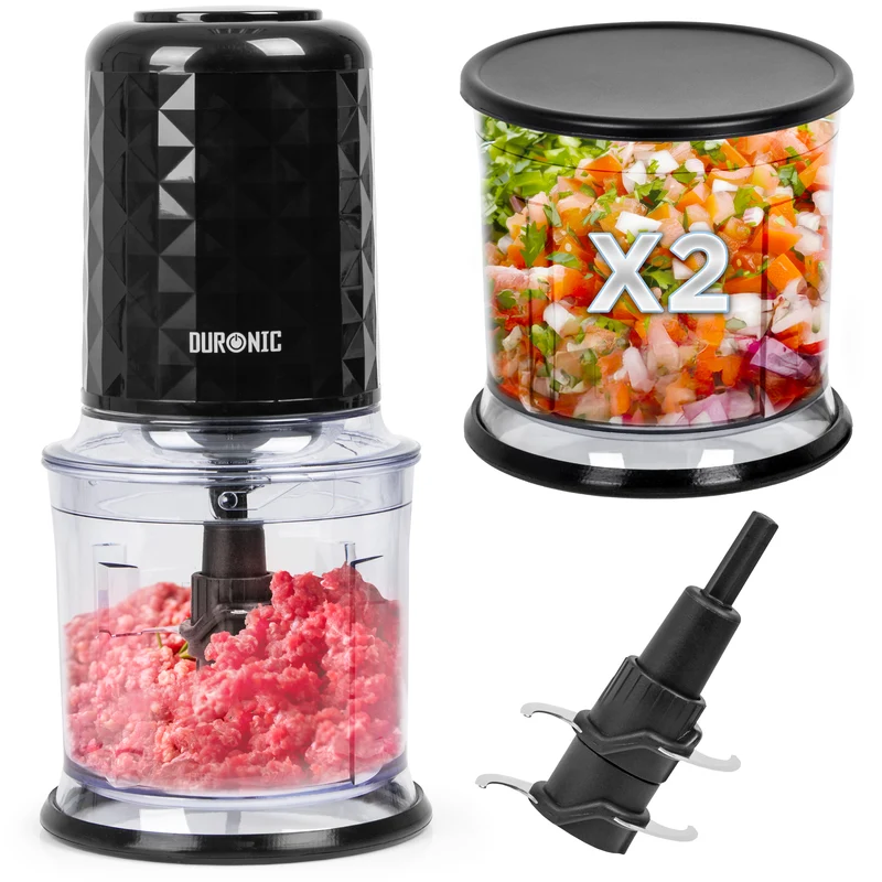 Duronic CH57 BK Elektrischer Zerkleinerer 500W, 2x 700 ml Schüsseln mit Deckel, Küchenmaschine für Gemüse, Obst, Nüsse & Kräuter, Ideal für Saucen, Püree & Babynahrung