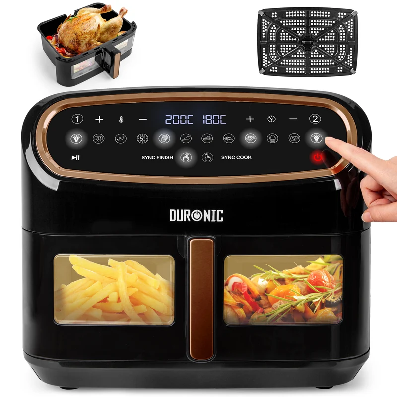 Duronic XXL Digital Air Fryer AF14 BG 10L Family Size Air Fryers 10in1 Dual Zone Extra Large AirFryer with window for Family Cooking with Dishwasher Safe Non-Stick Basket - Black & Gold (LARGE SINGLE DRAWER MODEL)