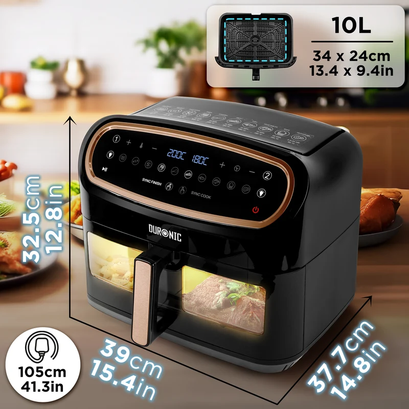 Duronic XXL Digital Air Fryer AF14 BG 10L Family Size Air Fryers 10in1 Dual Zone Extra Large AirFryer with window for Family Cooking with Dishwasher Safe Non-Stick Basket - Black & Gold (LARGE SINGLE DRAWER MODEL)