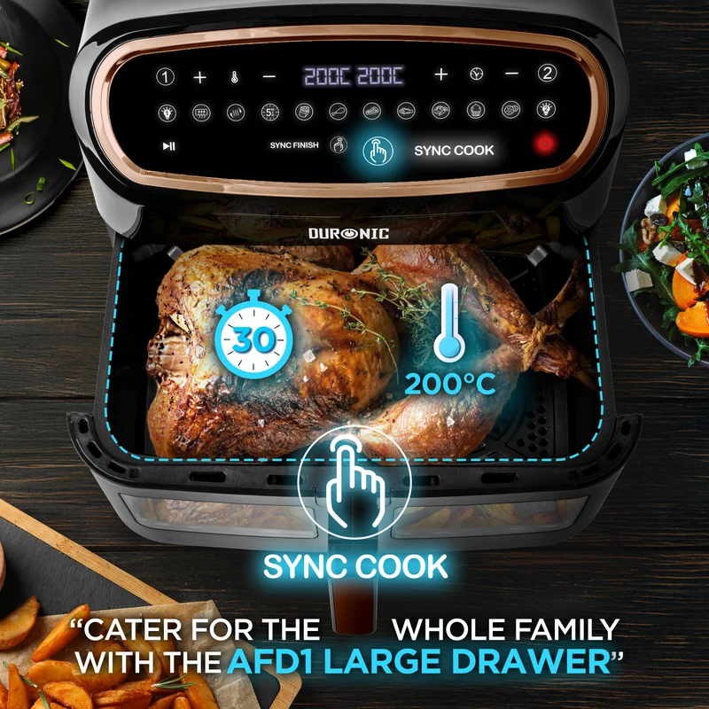 Duronic XXL Digital Air Fryer AF14 BG 10L Family Size Air Fryers 10in1 Dual Zone Extra Large AirFryer with window for Family Cooking with Dishwasher Safe Non-Stick Basket - Black & Gold (LARGE SINGLE DRAWER MODEL)